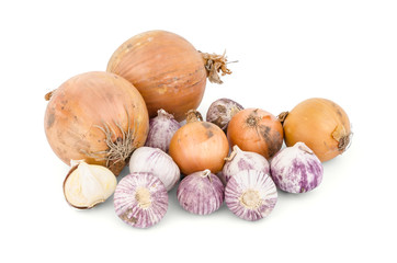 Onions and garlics isolated on white background.