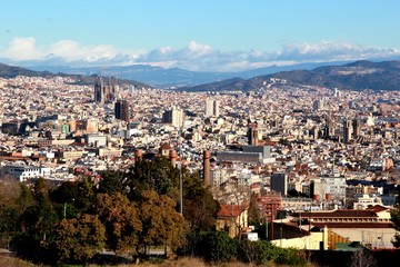 Fototapeta na wymiar Aerial Panorama view of Barcelona city skyline and Sagrada familia, Spain