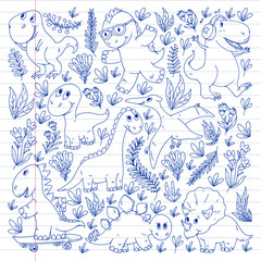 Fototapeta premium Dinosaurs, dino. Vector pattern kids fabric, textile, nursery wallpaper. Illustration for children.