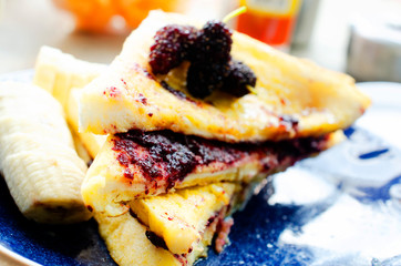 Tasty Honey toast with Mulberrie fruits jam with macro close up for food and drinks backgrounds