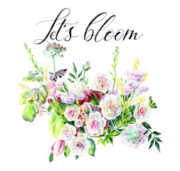 Lettering Let's bloom. Huge wedding bouquet of garden flowers