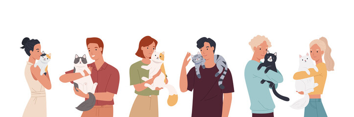 People and their cats isolated on white background. Set of portraits of adorable pet owners and cute domestic animals. Vector illustration in a flat style