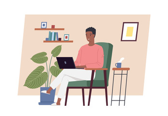 Stay at home. Young man working on laptop computer at home. Freelance, work at home, remote work and home office. Vector illustration in a flat style