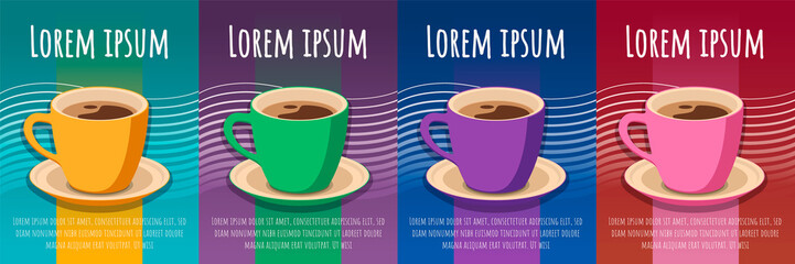 Set of 4 Coffee Cup on colored background coffee package concept. Flat Style vector Illustration. Decorative Design for Cafeteria, Posters, Cards, Banners