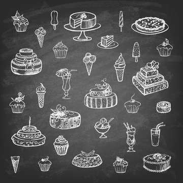 Vintage collection of desserts. Sketches of desserts hand-drawn. Vector illustration.