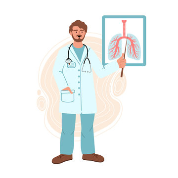 Doctor shows the image of the lungs. Doctor or scientist in medical clothes. Antivirus concept. Vector illustration in flat style.