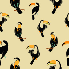 seamless pattern with beautiful toucans in different pose. Summer print, paper or textile design. Exotic birds in a minimalist, abstract style, hand drawn illustration  © Viktoria
