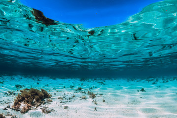 Turquoise ocean with sandy bottom underwater. Tropical sea in paradise island