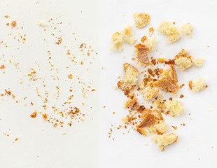 Bread crumbs isolated on white background.  Crumbs view from above. Flat lay