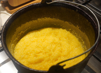 Home made traditional polenta ( mamaliga ) made in Romania