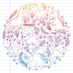 Pattern kids fabric, textile, nursery wallpaper. Vector illustration. Hand drawn dinosaurs, dino for little children.