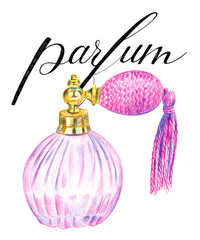 Pink vintage perfume bottle. French lettering Parfum.