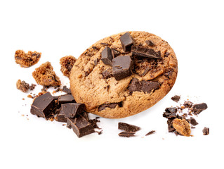 Broken chocolate chip cookies isolated on white background. Cookies pieces with crumbs.
