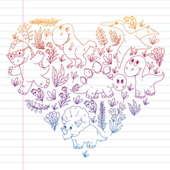 Pattern kids fabric, textile, nursery wallpaper. Vector illustration. Hand drawn dinosaurs, dino for little children.