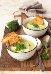 Spring  broccoli green cream soup. Vegan, vegetarian, healthy food concept