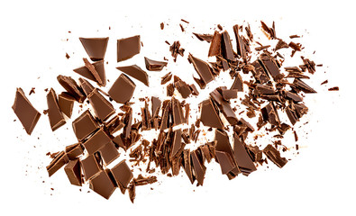 Dark chocolate pieces isolated on white background.  Chocolate bar chunks, shavings and cocoa...