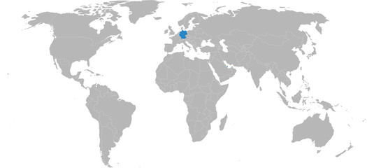 Fototapeta premium Katar, Niemcy zaznaczone na mapie świata. Jasnoszare tło. Stosunki biznesowe, polityczne, handlowe, dyplomatyczne.