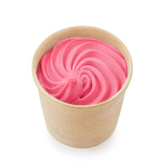 Raspberry fruit   ice cream isolated on white background, top view. Yogurt ice-cream in paper  cup close up