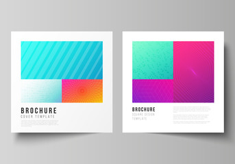 The minimal vector illustration of editable layout of two square format covers design templates for brochure, flyer, magazine. Abstract geometric pattern with colorful gradient business background.