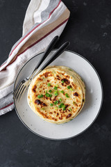 Chinese green onion pancakes on a black background. Stack of fried green onion pancakes. Dark photo
