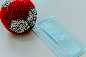 model Coronavirus, medical protective mask, gloves, antiseptic on white background. SARS-cov-2 covid-19 travel. Flat lay. Copy space. pandemic quarantine self isolation, 2019-nCoV