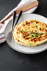Chinese green onion pancakes on a black background. Stack of fried green onion pancakes. Dark photo