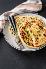 Chinese green onion pancakes on a black background. Stack of fried green onion pancakes. Dark photo