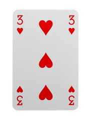 Playing card for poker, gambling and casinos, red hearts isolated on white background with clipping path