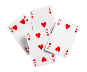 Playing cards for poker, gambling and casinos, red hearts isolated on white background with clipping path