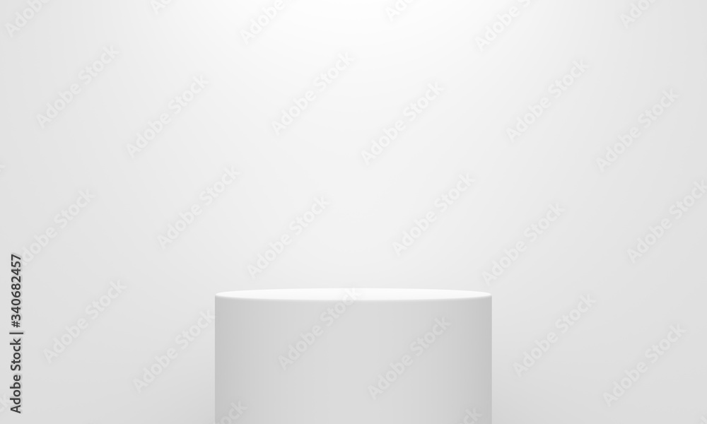 Poster white abstract background with a cylindrical podium and overhead light. backdrop design for product 