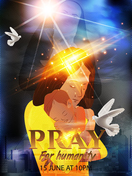 Church Poster Or Flyer Template Invitation. Religious Flyer Card For The Church Service Event. Vector With City Background, Clouds, Dove, Mother Hugging Child, Nun. EPS 10