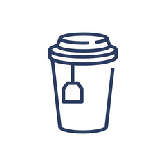 Takeaway tea thin line icon. Teabag, paper cup, mug isolated outline sign. Breakfast drink or cafe concept. Vector illustration symbol element for web design and apps