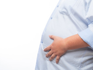 Fat Man with big belly overweight isolated on white background. Unsuccessful dieting, Weight loss concept, Tight shirt.