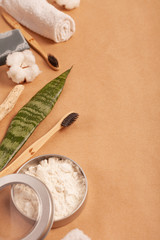 Set for environmentally friendly dental care on a background of craft paper. Top view