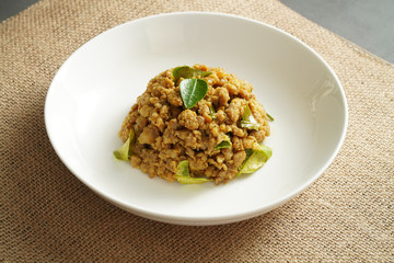 Stir Fried Pork with Yellow Curry Paste with studio light delicious looking