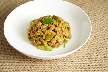 Stir Fried Pork with Yellow Curry Paste with studio light delicious looking