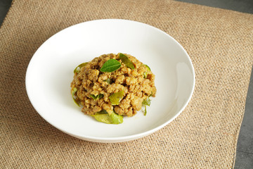 Stir Fried Pork with Yellow Curry Paste with studio light delicious looking