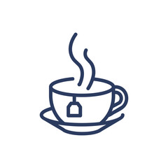 Cup of hot tea thin line icon. Teabag, steam, saucer, porcelain isolated outline sign. Breakfast drink or cafe concept. Vector illustration symbol element for web design and apps