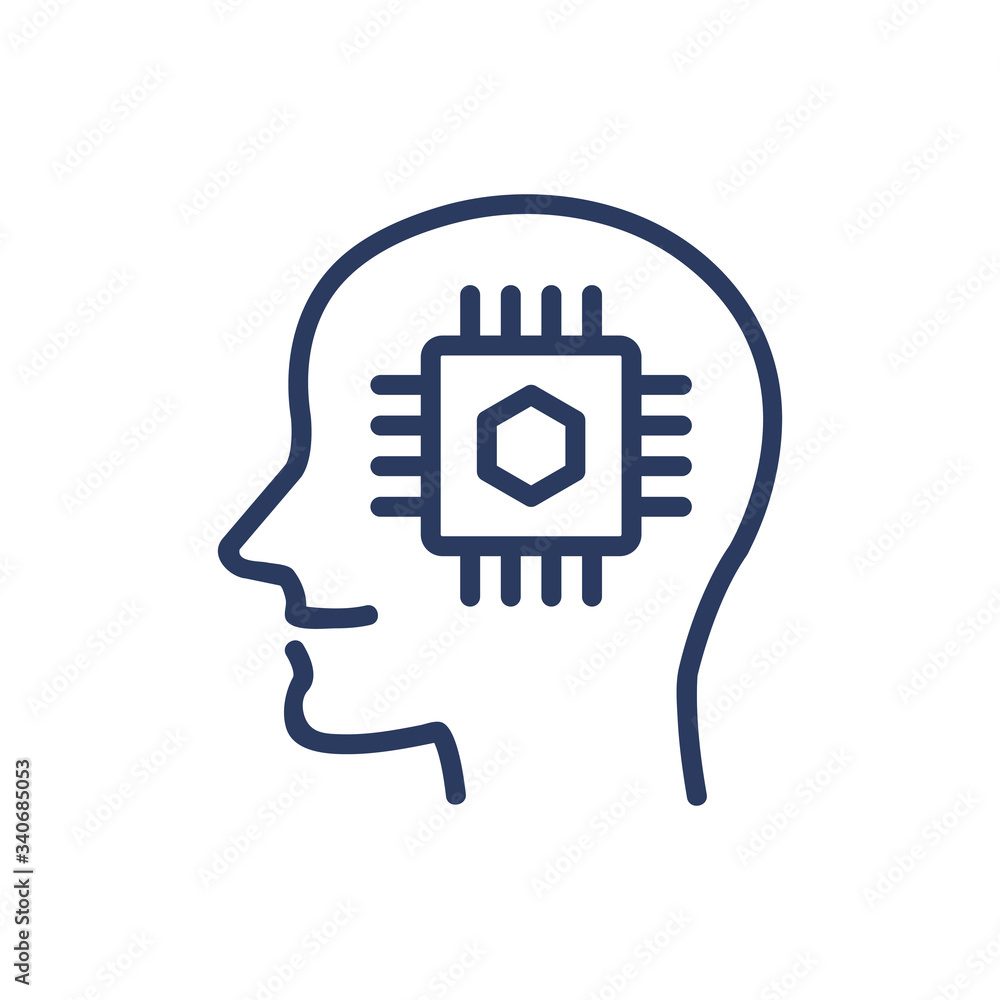 Poster cpu in human head thin line icon. cyborg, robot, ai isolated outline sign. artificial intelligence c