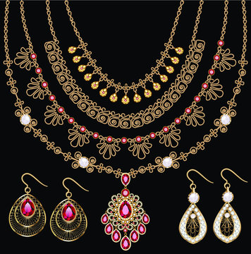 Illustration Set Of Gold Jewelry Pendants Necklaces On A Chain And Earrings With Rubies And Filigree