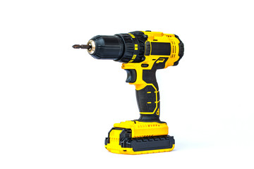 The yellow cordless battery powered drill isolated on white background.