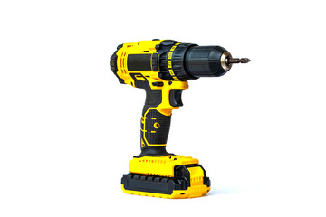 The yellow cordless battery powered drill isolated on white background.