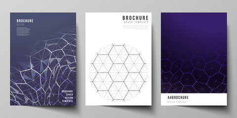 Vector layout of A4 format cover mockups design templates for brochure, flyer. Digital technology and big data concept with hexagons, connecting dots and lines, polygonal science medical background.