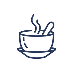 Hot chocolate thin line icon. Steam, spoon, coffee cup, porcelain isolated outline sign. Breakfast drink or cafe concept. Vector illustration symbol element for web design and apps