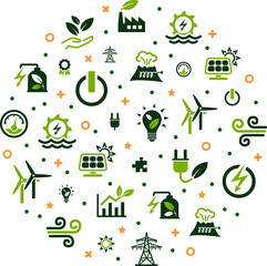 renewable / alternative energy vector illustration. Concept with icons related to green electricity sources / sustainable electricity – solar, wind, hydroelectric power. - obrazy, fototapety, plakaty