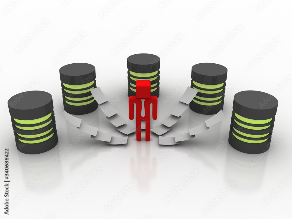 Poster 3d rendering Database storage network concept with technician