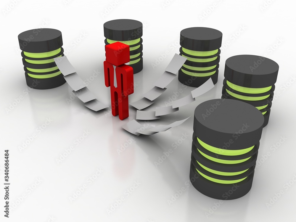 Poster 3d rendering Database storage network concept with technician