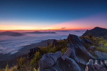 Doy-pha-tang, Landscape sea of mist on Mekong river in border  of  Thailand and Laos. Chiang Rai province.