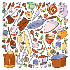 Cooking class. Kitchenware, utencils. Food and kitchen icons.