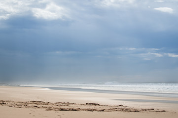 Fototapeta na wymiar Plage de sable, au bord de l'océan, un jour de pluie. Comme une peinture....